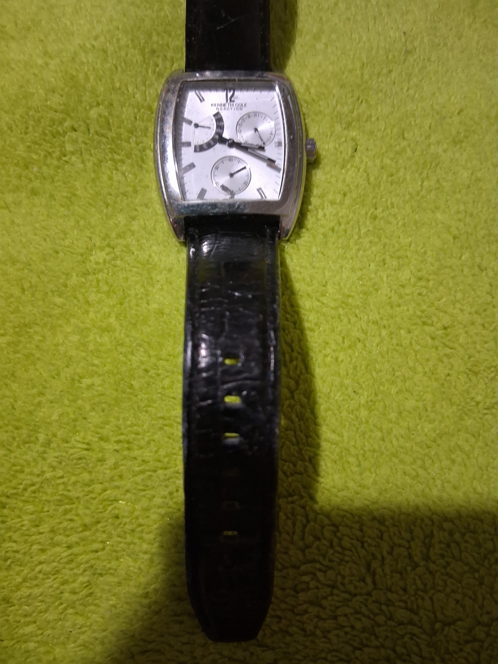 Kenneth cole Silver Square Dial Watch with Black Leather Strap, Discontinued.